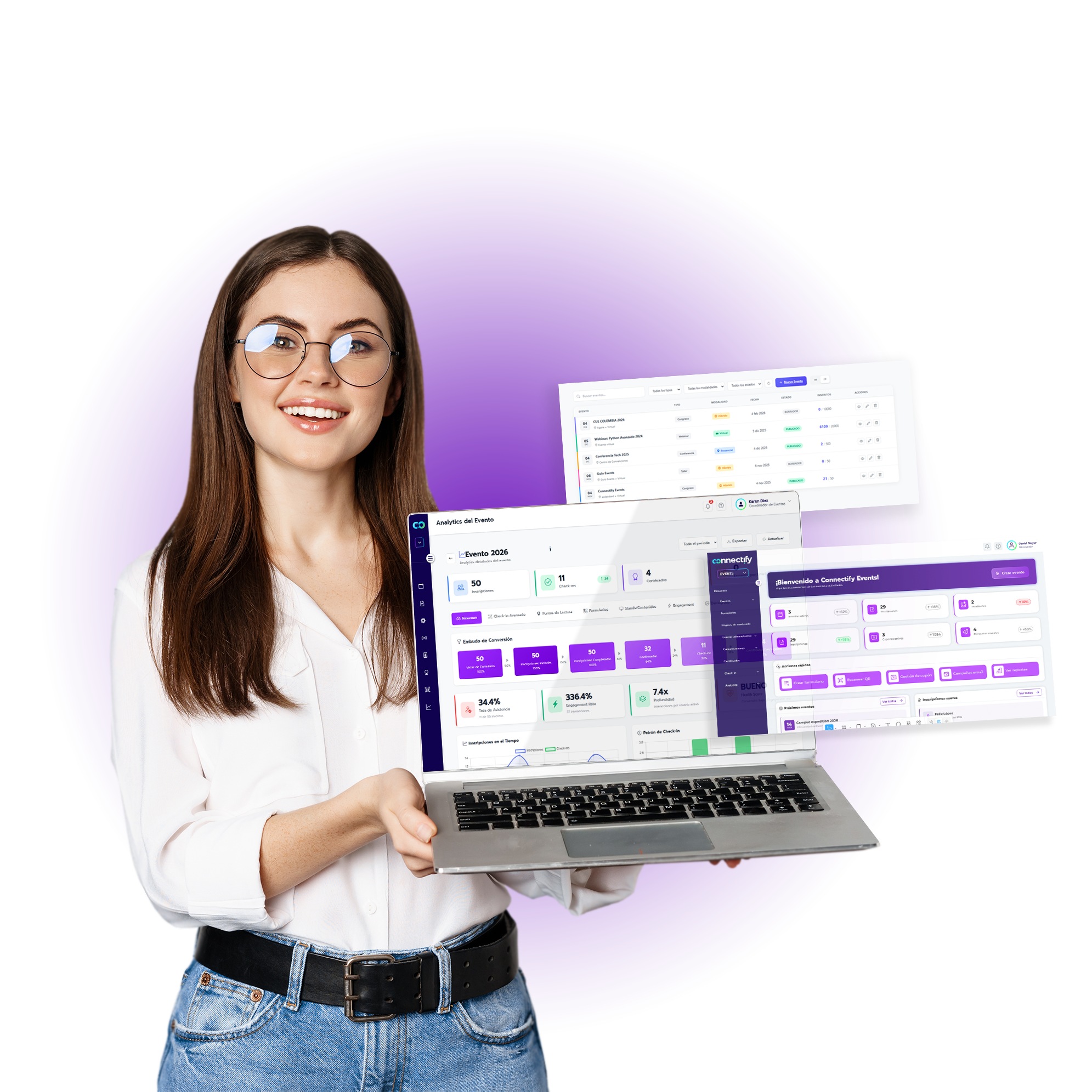 Mulher com um computador e telas da plataforma Connectify